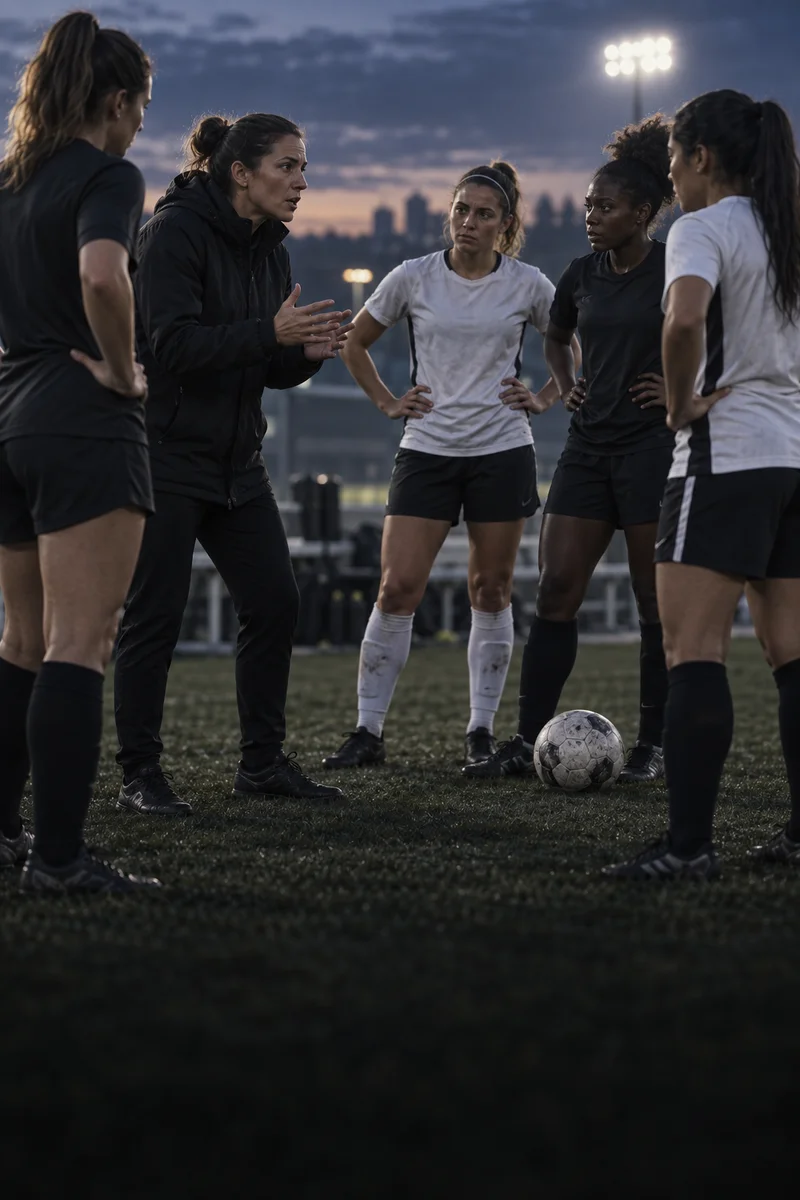 soccer coach discussing strategy with players